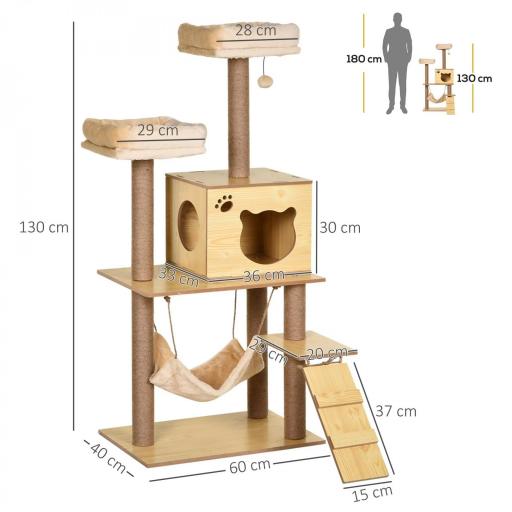 Árbol Rascador para Gatos Altura 130 cm Torre para Gatos con Postes Rascadores de Yute Camas Hamaca 60x40x130 cm Natural [1]