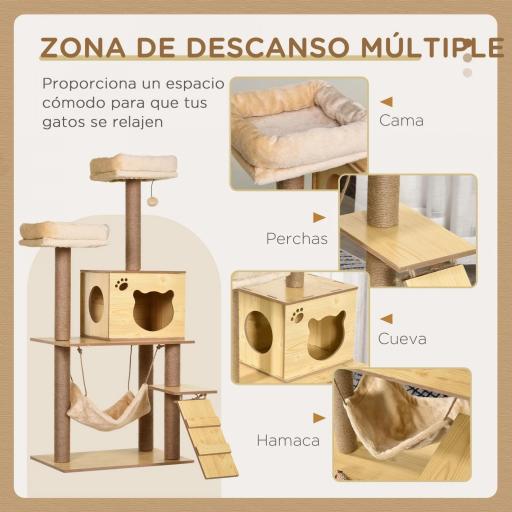 Árbol Rascador para Gatos Altura 130 cm Torre para Gatos con Postes Rascadores de Yute Camas Hamaca 60x40x130 cm Natural [2]