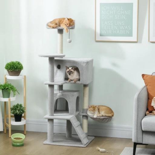 Árbol Rascador para Gatos 140 cm con Plataformas Cama 2 Cuevas Hamaca Escalera Postes de Sisal Gris Claro