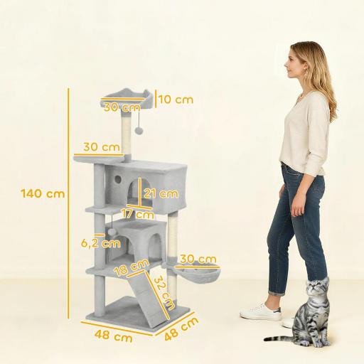 Árbol Rascador para Gatos 140 cm con Plataformas Cama 2 Cuevas Hamaca Escalera Postes de Sisal Gris Claro [1]