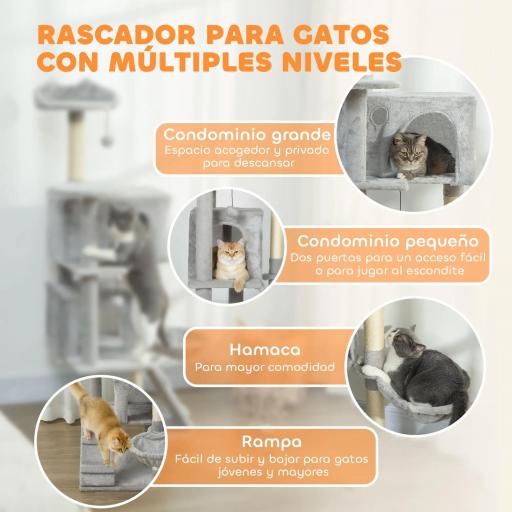Árbol Rascador para Gatos 140 cm con Plataformas Cama 2 Cuevas Hamaca Escalera Postes de Sisal Gris Claro [2]