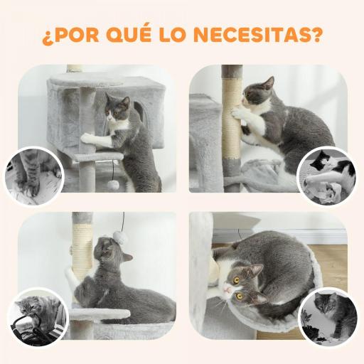 Árbol Rascador para Gatos 140 cm con Plataformas Cama 2 Cuevas Hamaca Escalera Postes de Sisal Gris Claro [4]