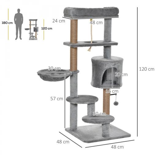Árbol Rascador para Gatos Altura 120 cm Torre de Gatos con Plataformas Cueva Hamaca Postes de Yute 48x48x120 cm Gris [1]