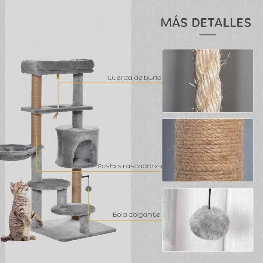 Árbol Rascador para Gatos Altura 120 cm Torre de Gatos con Plataformas Cueva Hamaca Postes de Yute 48x48x120 cm Gris [3]