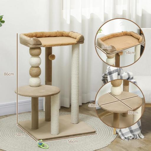 Árbol Rascador para Gatos con Plataforma Torre Escalador para Gatos con Plataforma Cama Postes Bolas 56x54x86 cm Marrón [1]