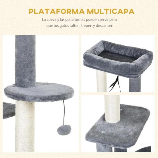 Rascador para Gatos con Postes de Sisal y Felpa Suave con Cama Cueva Plataformas Bola y Pluma 48x35x100 cm Gris y Beige [3]