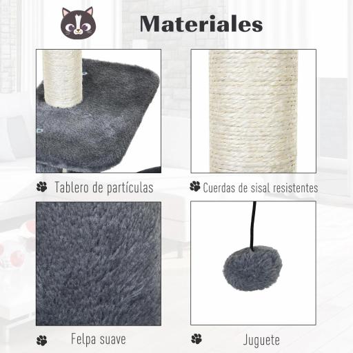 Rascador para Gatos con Postes de Sisal y Felpa Suave con Cama Cueva Plataformas Bola y Pluma 48x35x100 cm Gris y Beige [4]