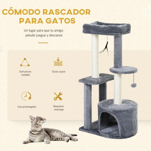 Rascador para Gatos con Postes de Sisal y Felpa Suave con Cama Cueva Plataformas Bola y Pluma 48x35x100 cm Gris y Beige [2]