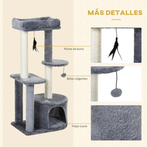 Rascador para Gatos con Postes de Sisal y Felpa Suave con Cama Cueva Plataformas Bola y Pluma 48x35x100 cm Gris y Beige [5]