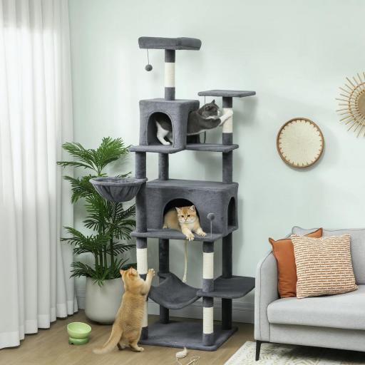 Árbol Rascador para Gatos con Plataforma Torre Escalador para Gatos con Cama Cuevas Postes de Sisal 60x48x202 cm Gris