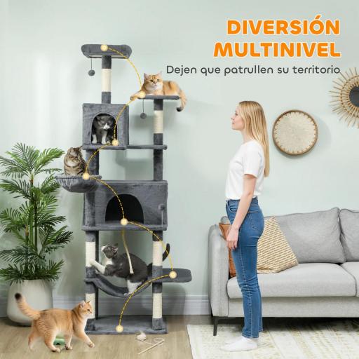 Árbol Rascador para Gatos con Plataforma Torre Escalador para Gatos con Cama Cuevas Postes de Sisal 60x48x202 cm Gris [4]