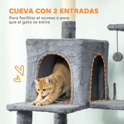 Árbol Rascador para Gatos con Plataforma Torre Escalador para Gatos con Cama Cuevas Postes de Sisal 60x48x202 cm Gris [2]