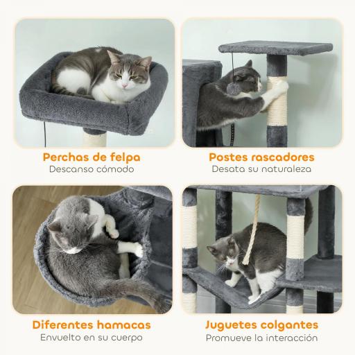 Árbol Rascador para Gatos con Plataforma Torre Escalador para Gatos con Cama Cuevas Postes de Sisal 60x48x202 cm Gris [7]
