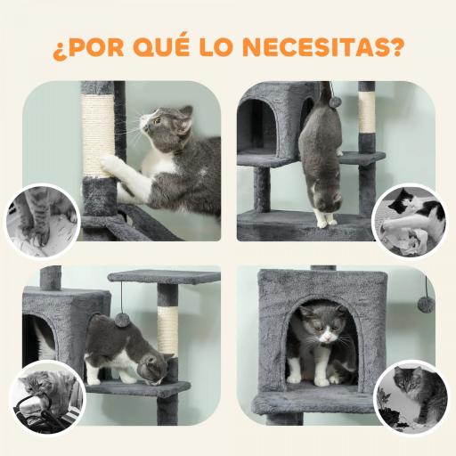 Árbol Rascador para Gatos con Plataforma Torre Escalador para Gatos con Cama Cuevas Postes de Sisal 60x48x202 cm Gris [3]