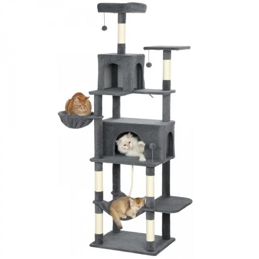 Árbol Rascador para Gatos con Plataforma Torre Escalador para Gatos con Cama Cuevas Postes de Sisal 60x48x202 cm Gris [9]
