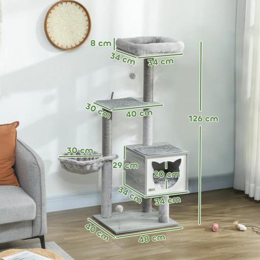 Árbol Rascador para Gatos con Plataforma Torre Escalador para Gatos con Hamaca Caseta Cama Postes 48x40x126 cm Gris [3]
