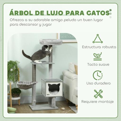 Árbol Rascador para Gatos con Plataforma Torre Escalador para Gatos con Hamaca Caseta Cama Postes 48x40x126 cm Gris [1]