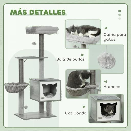 Árbol Rascador para Gatos con Plataforma Torre Escalador para Gatos con Hamaca Caseta Cama Postes 48x40x126 cm Gris [2]
