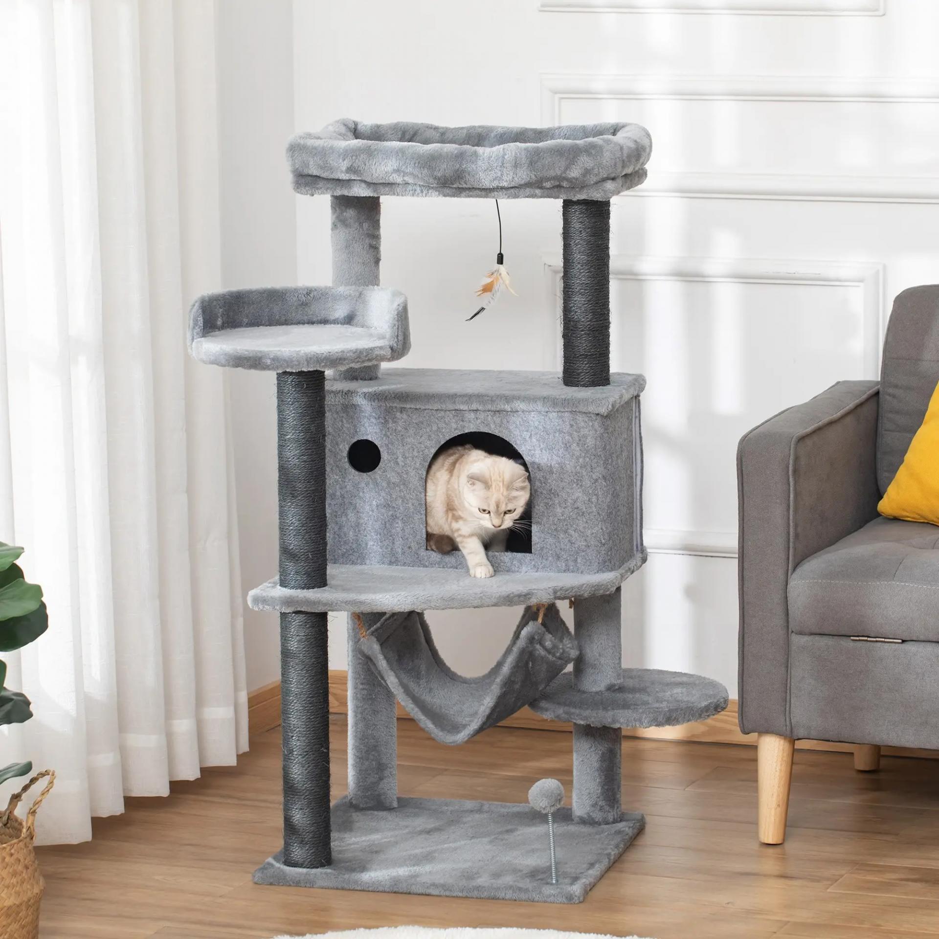 Árbol Rascador para Gatos 48x48x107 cm Torre para Gatos con Cueva de Fieltro Desmontable Hamaca Camas Plataformas Gris