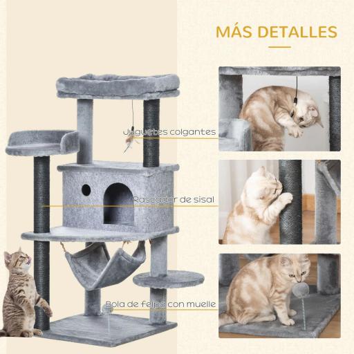 Árbol Rascador para Gatos 48x48x107 cm Torre para Gatos con Cueva de Fieltro Desmontable Hamaca Camas Plataformas Gris [4]