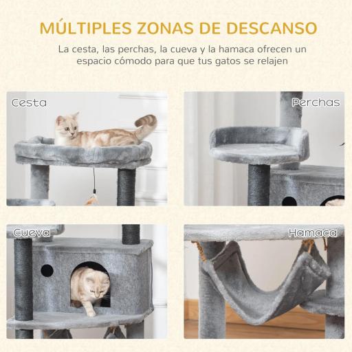 Árbol Rascador para Gatos 48x48x107 cm Torre para Gatos con Cueva de Fieltro Desmontable Hamaca Camas Plataformas Gris [3]
