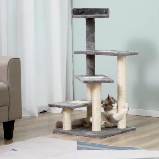 Árbol Rascador para Gatos 48,5x48,5x100 cm Centro de Actividad 3 Plataformas para Arañar Tablero Aglomerado Cubierta de Felpa Sisal Gris y Beige