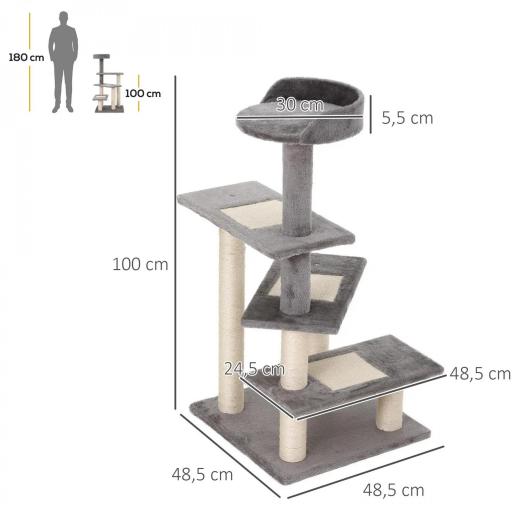 Árbol Rascador para Gatos 48,5x48,5x100 cm Centro de Actividad 3 Plataformas para Arañar Tablero Aglomerado Cubierta de Felpa Sisal Gris y Beige [1]