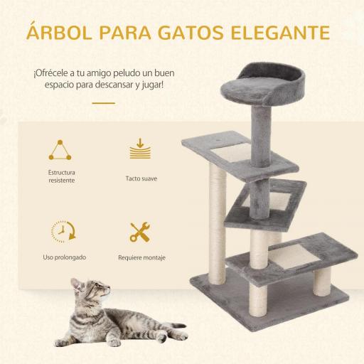 Árbol Rascador para Gatos 48,5x48,5x100 cm Centro de Actividad 3 Plataformas para Arañar Tablero Aglomerado Cubierta de Felpa Sisal Gris y Beige [2]