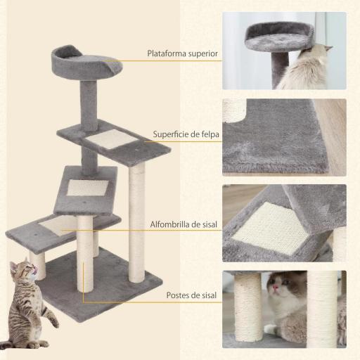 Árbol Rascador para Gatos 48,5x48,5x100 cm Centro de Actividad 3 Plataformas para Arañar Tablero Aglomerado Cubierta de Felpa Sisal Gris y Beige [3]