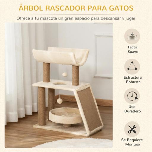 Mini Rascador para Gatos con Postes de Yute Plataforma en U Cama de Felpa y Juguetes Colgantes 60x30x76 cm Marrón Claro [2]
