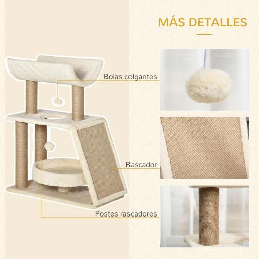 Mini Rascador para Gatos con Postes de Yute Plataforma en U Cama de Felpa y Juguetes Colgantes 60x30x76 cm Marrón Claro [4]