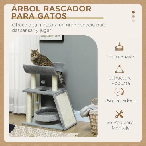 Mini Rascador para Gatos con Postes de Yute Plataforma en U Cama de Felpa y Juguetes Colgantes 60x30x76 cm Gris Claro [3]