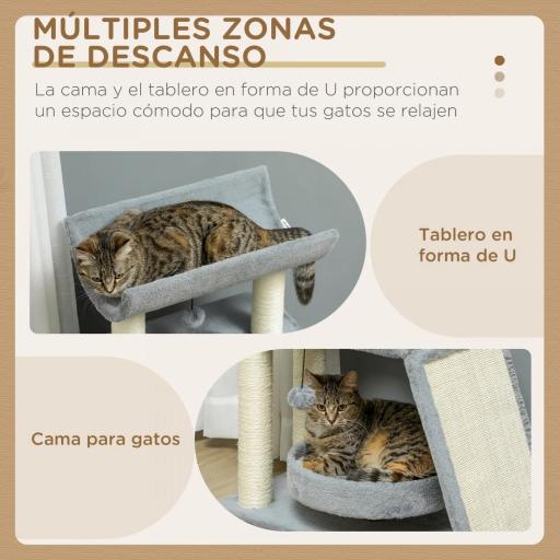 Mini Rascador para Gatos con Postes de Yute Plataforma en U Cama de Felpa y Juguetes Colgantes 60x30x76 cm Gris Claro [4]