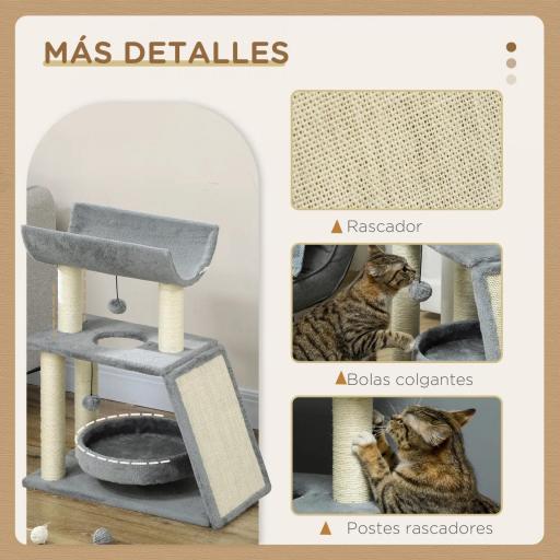 Mini Rascador para Gatos con Postes de Yute Plataforma en U Cama de Felpa y Juguetes Colgantes 60x30x76 cm Gris Claro [5]