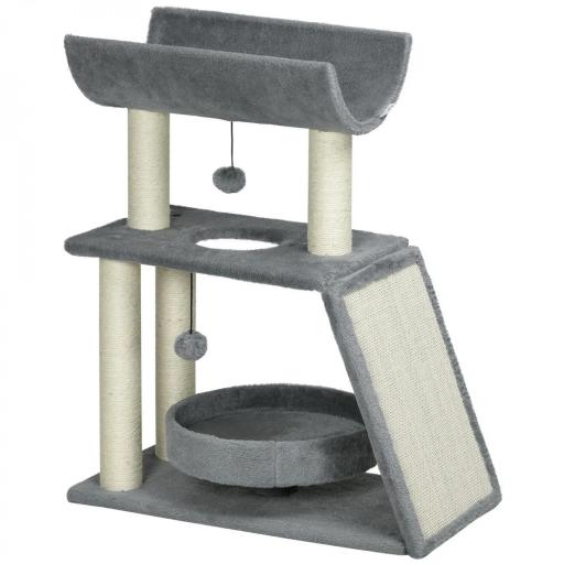 Mini Rascador para Gatos con Postes de Yute Plataforma en U Cama de Felpa y Juguetes Colgantes 60x30x76 cm Gris Claro [9]