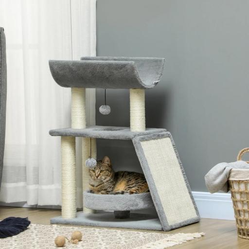 Mini Rascador para Gatos con Postes de Yute Plataforma en U Cama de Felpa y Juguetes Colgantes 60x30x76 cm Gris Claro
