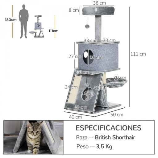 Árbol Rascador para Gatos Torre para Gatos con Múltiples Espacios para Jugar y Descansar 50x40x111 cm Gris [1]