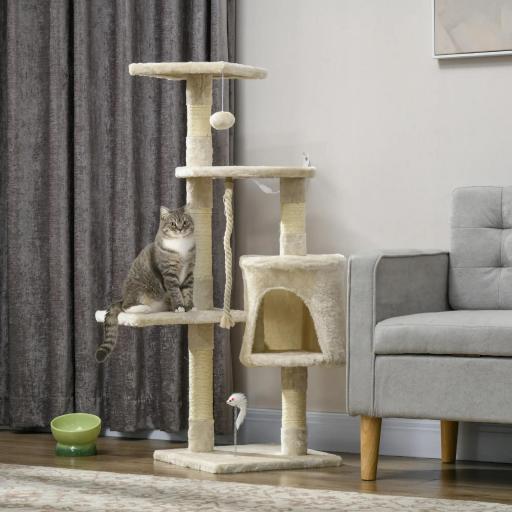 Rascador para Gatos Altura 116 cm Árbol para Gatos Torre de Escalada con Postes Rascadores de Sisal Cueva Plataformas y Juguetes Divertidos Colgantes Beige