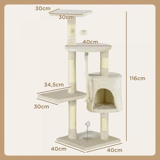 Rascador para Gatos Altura 116 cm Árbol para Gatos Torre de Escalada con Postes Rascadores de Sisal Cueva Plataformas y Juguetes Divertidos Colgantes Beige [2]