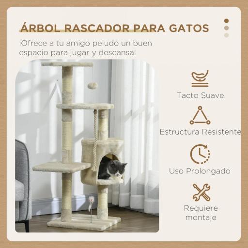 Rascador para Gatos Altura 116 cm Árbol para Gatos Torre de Escalada con Postes Rascadores de Sisal Cueva Plataformas y Juguetes Divertidos Colgantes Beige [4]