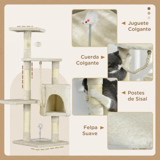 Rascador para Gatos Altura 116 cm Árbol para Gatos Torre de Escalada con Postes Rascadores de Sisal Cueva Plataformas y Juguetes Divertidos Colgantes Beige [3]