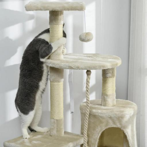 Rascador para Gatos Altura 116 cm Árbol para Gatos Torre de Escalada con Postes Rascadores de Sisal Cueva Plataformas y Juguetes Divertidos Colgantes Beige [6]