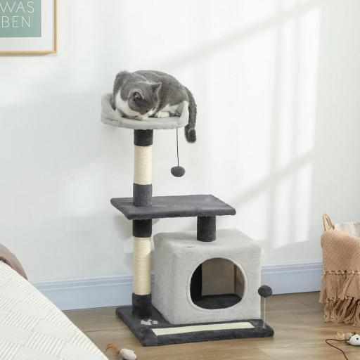 Árbol Rascador para Gatos 85 cm con Plataformas Cueva Postes Rascadores Tapete de Sisal Bolas Gris Claro y Negro