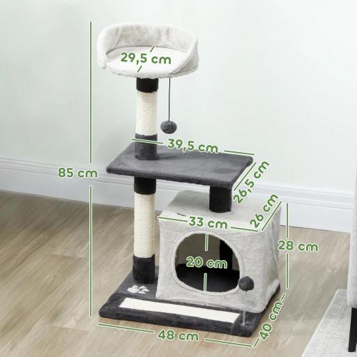 Árbol Rascador para Gatos 85 cm con Plataformas Cueva Postes Rascadores Tapete de Sisal Bolas Gris Claro y Negro [3]