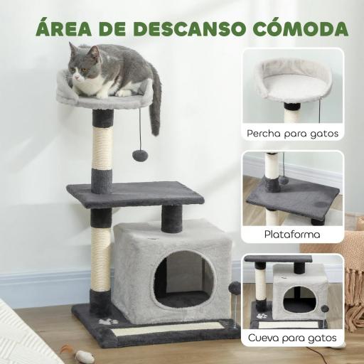 Árbol Rascador para Gatos 85 cm con Plataformas Cueva Postes Rascadores Tapete de Sisal Bolas Gris Claro y Negro [2]