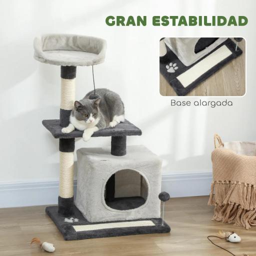 Árbol Rascador para Gatos 85 cm con Plataformas Cueva Postes Rascadores Tapete de Sisal Bolas Gris Claro y Negro [4]