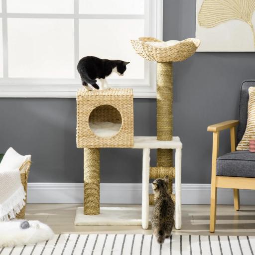 Árbol Rascador para Gatos Medianos Altura 100,5 cm Torre para Gatos con Cama Superior y Cueva de Totora
