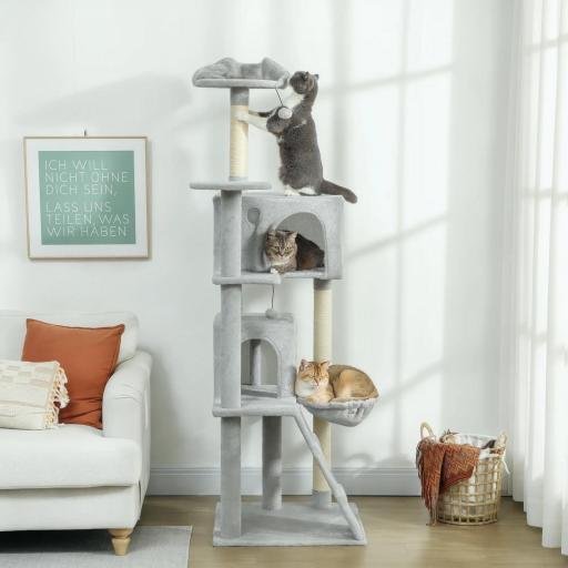 Árbol Rascador para Gatos 180 cm con Plataformas Cama 2 Cuevas Hamaca Escalera Postes de Sisal Gris Claro