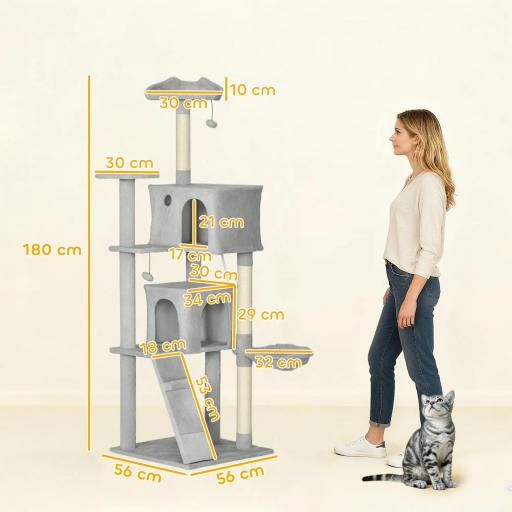 Árbol Rascador para Gatos 180 cm con Plataformas Cama 2 Cuevas Hamaca Escalera Postes de Sisal Gris Claro [1]