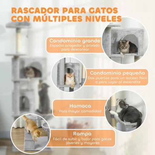 Árbol Rascador para Gatos 180 cm con Plataformas Cama 2 Cuevas Hamaca Escalera Postes de Sisal Gris Claro [2]